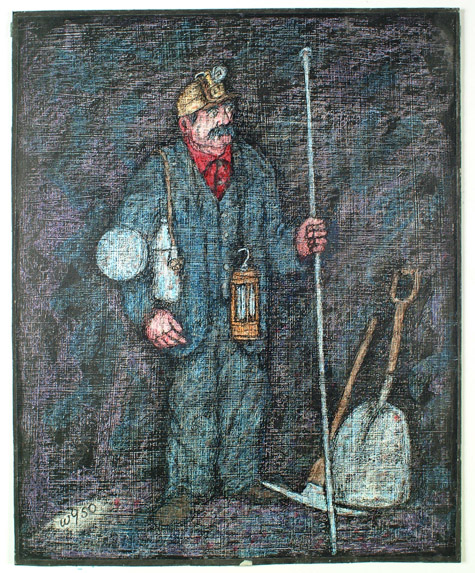 Frank Wyso | FW1 | "Coalminer" | Wax reduction on watercolor board, price $3000 at the Outsider Folk Art Gallery