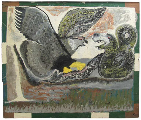 William Hawkins | HAWKINS2 | Untitled | (Bird and Snake) Paint on Board, Framed | 33 1/2 x 44 inches, Please inquire about price at the Outsider Folk Art Gallery