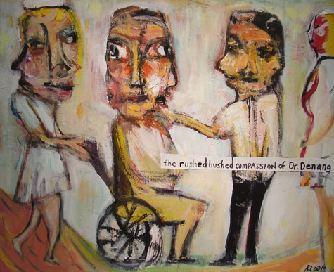 Jim Bloom | Paintings | JB0414 | The Rushed Hushed Compassion of Dr. Denang | Acrylic, mixed media on canvas, price $950 at the Outsider Folk Art Gallery