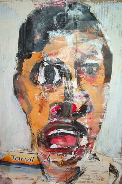 Jim Bloom | Paintings | JB1479 | Dyskinesia | 2010 | acrylic, mixed media on cardboard, price $750 at the Outsider Folk Art Gallery