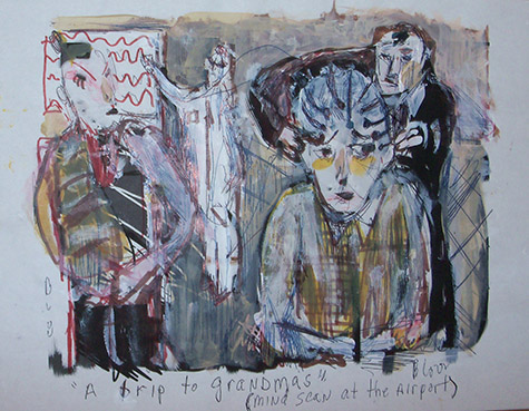 Jim Bloom JB2447 | Mindscan at the Airport, 2014 Mixed Media on Paper price $300 at the Outsider Folk Art Gallery