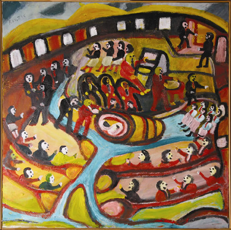 Johnnie Swearingen | JSW2 | Untitled (funeral scene) | Oil on canvas Framed | 36" x 36", price $7,500 at the Outsider Folk Art Gallery