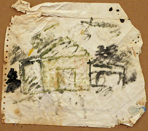 Purvis Young | PY202 | Untitled | Paint on old fortran source list | 12 x 11 in. (30.48 x 27.94 cm) at the Outsider Folk Art Gallery