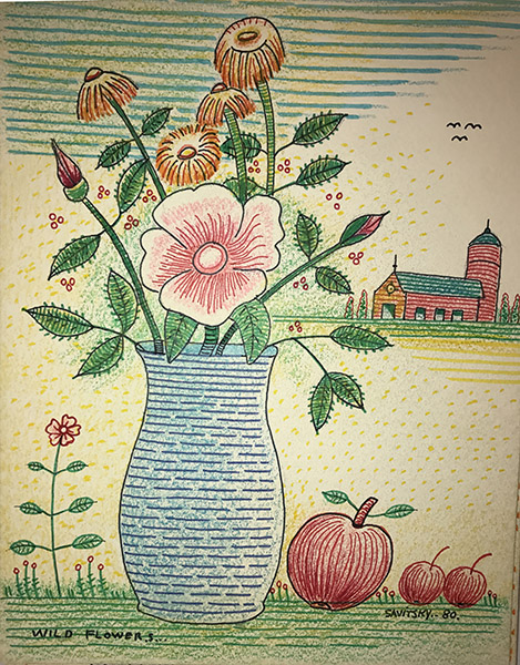 John Jack Savitsky | SAJ066 | Wild Flowers, 1980 | Colored pencil on paper | 19 x 12 in. at the Outsider Folk Art Gallery