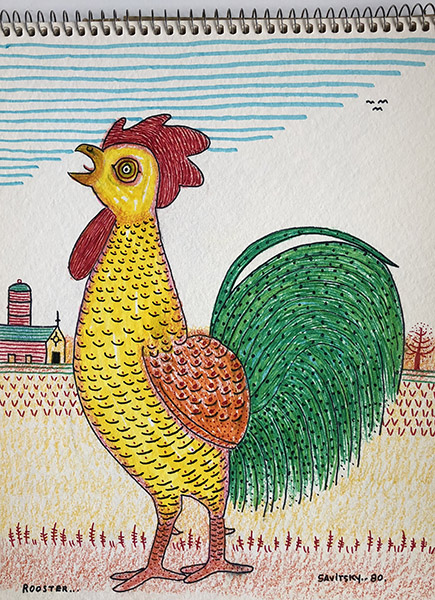 John Jack Savitsky | SAJ068 | Roosters, 1980 | Colored pencil on paper | 19 x 12 in. at the Outsider Folk Art Gallery
