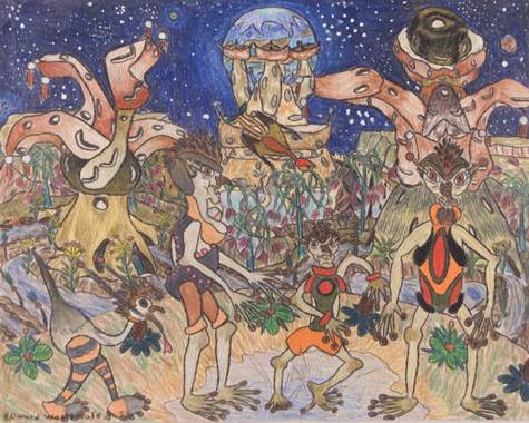 Edward Woltemate Jr. | EW007 | Miles 800 Bronze | colored pencil on paper, price $250 at the Outsider Folk Art Gallery