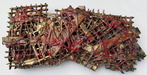 Loring Cornish | COL004 | Untitled (grid assemblage) Enamel, mixed media on found materials, price $500 at the Outsider Folk Art Gallery