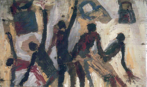 Purvis Young | PYG GB 014 | "Casting off the Locks" | c. 1972-3 | House Paint on Wood | 13" x 7.5", price $15,000 at the Outsider Folk Art Gallery