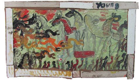 Purvis Young | PYG WA 526 | Untitled (Freedom Horses) | 21 1/2" h x 36" w | Assemblage with House Paint on Masonite at the Outsider Folk Art Gallery