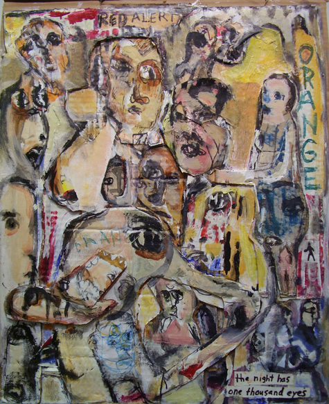 Jim Bloom Paintings JB16 | Red Alert | Acrylic, mixed media collage on cardboard, price $450 at the Outsider Folk Art Gallery