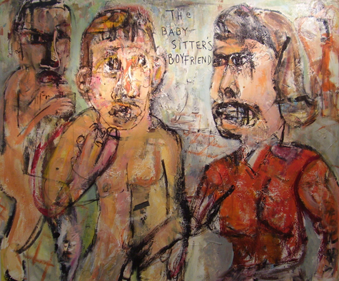 Jim Bloom | Paintings | JB446 | The Babysitters Boyfriend | Acrylic, mixed media on canvas, price $12,000 at the Outsider Folk Art Gallery