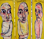 Jim Bloom | Paintings | JB069 | How Do You Solve A Problem Like Maria / Strangers are Strange | Acrylic, mixed media on three-panel wood screen (double-sided) $3,000 at the Outsider Folk Art Gallery