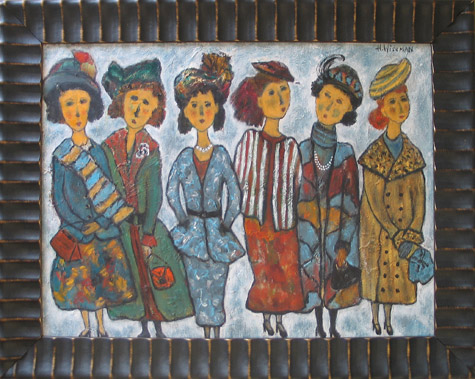 Harriet Wiseman | HW39 | Cinema Line | Oil on canvas, 24h x 29 wide, framed, price $4000 at the Outsider Folk Art Gallery