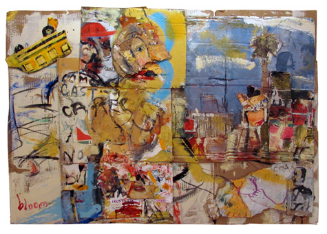 Jim Bloom | Paintings | JB1325 | Comcast Cares | 2010 | acrylic, collage on corrugated cardboard, price $2,800 at the Outsider Folk Art Gallery