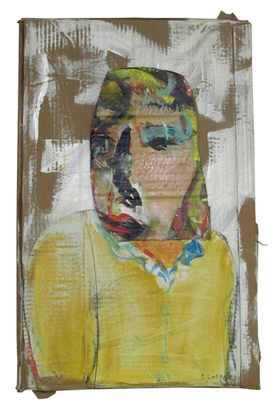 Jim Bloom | Paintings | JB1330 | Untitled | 2010 | acrylic, collage on corrugated cardboard, price $400 at the Outsider Folk Art Gallery