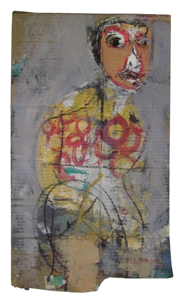 Jim Bloom | Paintings | JB1331 | Untitled | acrylic on corrugated cardboard, price $400 at the Outsider Folk Art Gallery