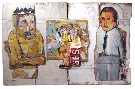 Jim Bloom | Paintings | JB1336 | If You Were Me Would You Like You? | 2010 | acrylic, collage, glitter on corrugated cardboard, price $2500 at the Outsider Folk Art Gallery