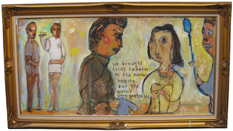 Jim Bloom | Paintings | JB0569 | Lisa's Sweater, 2008 mixed media on board in found frame, price $1250 at the Outsider Folk Art Gallery