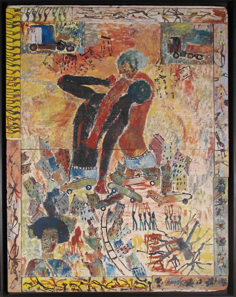 Purvis Young | PYG GB 024 | "The Struggle" 1973 | 88" h x 70" w | Assemblage with House Paint on Plywood at the Outsider Folk Art Gallery