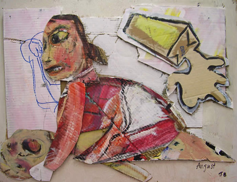 Jim Bloom | Paintings | JB066 | Spilled Milk | mixed media on cardboard on wood (framed, shadowbox) $2000 at the Outsider Folk Art Gallery