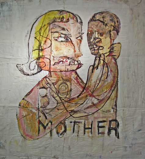 Jim Bloom | Paintings | JB132 | Mother | 2005 | acrylic, mixed media on newspapaer, masking tape, price $2000 at the Outsider Folk Art Gallery
