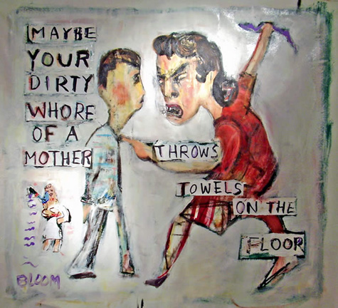 Jim Bloom | Paintings | JB410 | Maybe Your Dirty Whore of a Mother Throws Towels | 2007 | mixed media, collage on canvas, price $1500 on the Floor at the Outsider Folk Art Gallery