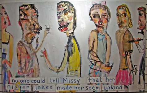 Jim Bloom | Paintings | JB448 | No One Could Tell Missy that her N-Word Jokes Made Her Seem Unkind | Acrylic, oil pastel, collage on canvas at the Outsider Folk Art Gallery