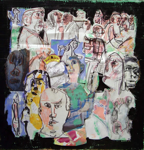 Jim Bloom | Paintings | JB047 | The Bartender mixed media, collage on cardboard (pizza box cover), price $350 at the Outsider Folk Art Gallery