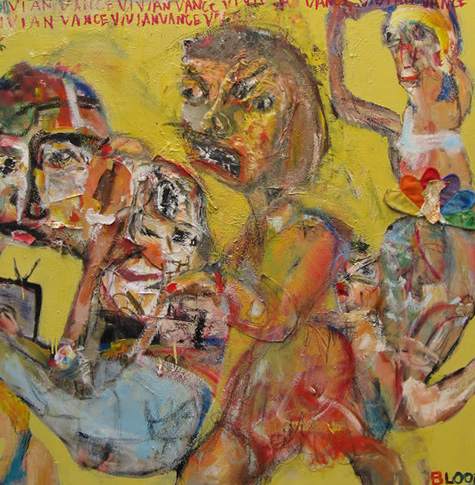 Jim Bloom | Paintings | JB0640 | Vivian Vance | acrylic, collage, found objects, glitter on canvas, price $3000 at the Outsider Folk Art Gallery