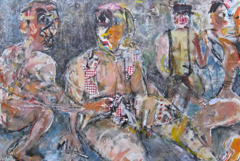 Jim Bloom | Paintings | JB 909 | You Know You Wanna Hit That | oil and acrylic, collage on canvas, price $3,000  at the Outsider Folk Art Gallery