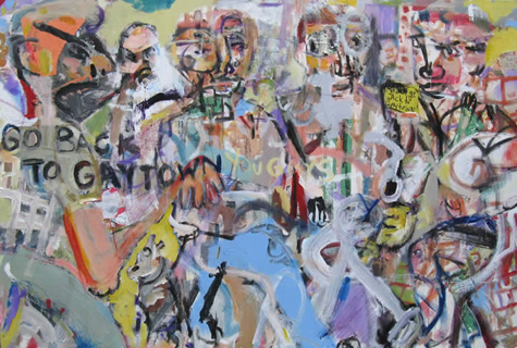 Jim Bloom | Paintings | JB 910 | Go Back to Gaytown | oil and acrylic, collage on canvas, price $2,500 at the Outsider Folk Art Gallery