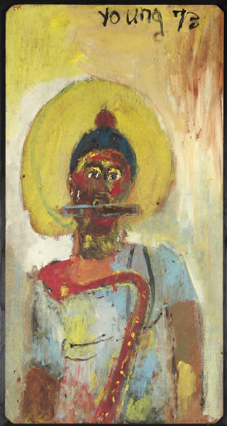 Purvis Young | PYG GB 003 | "Blues Man" | 1973 46" h x 22" w House Paint on Plywood at the Outsider Folk Art Gallery