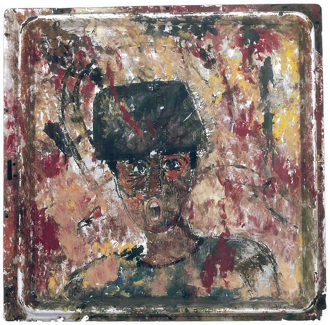 Purvis Young | PYG GB 009 | "Returning Soldier", 1973 | 24" h x 23 1/2", Assemblage with House Paint on Plywood, price $30,000 at the Outsider Folk Art Gallery